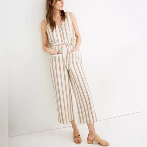 Madewell Double Stripe Grey Feather Linen Cotton Utility Cream Jumpsuit Medium